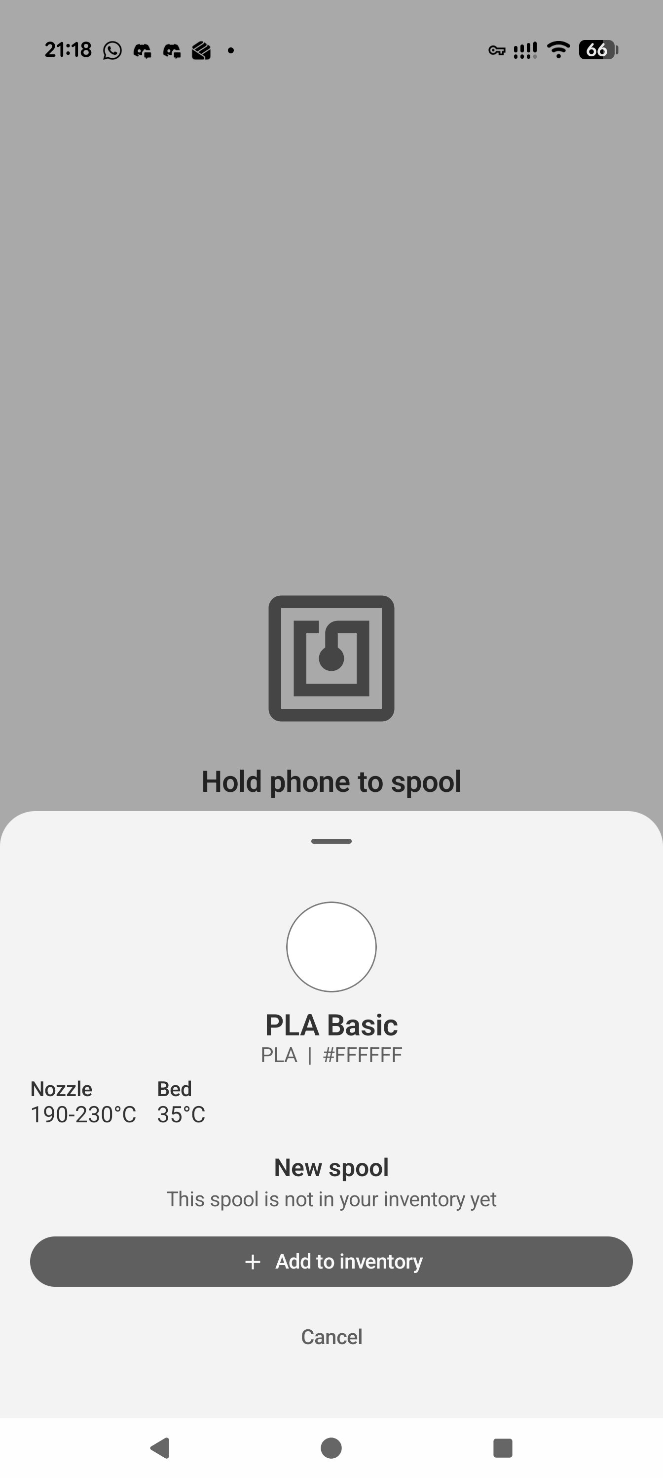 Android app scanning an NFC spool and showing filament details