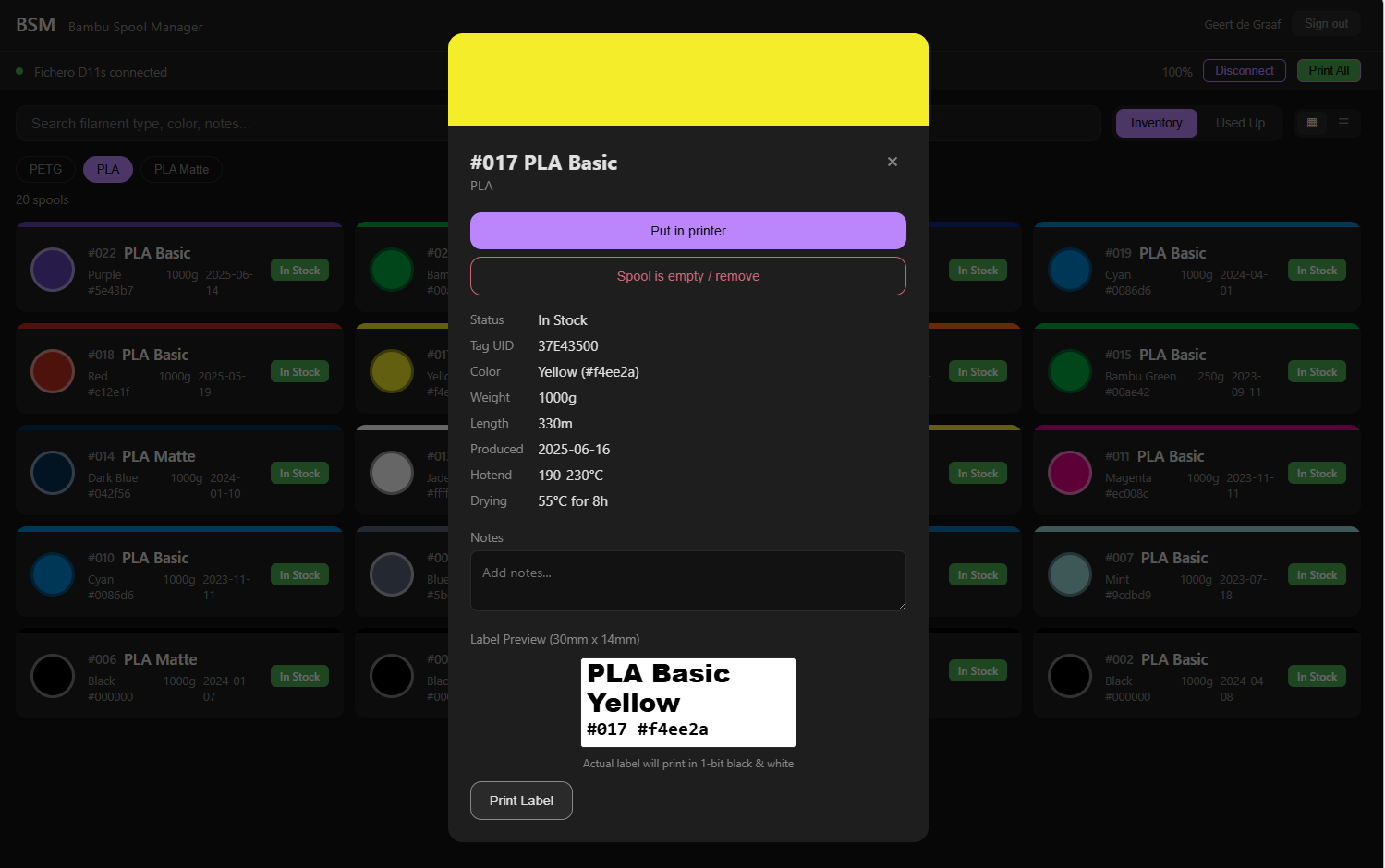 Web dashboard showing spool details and label preview