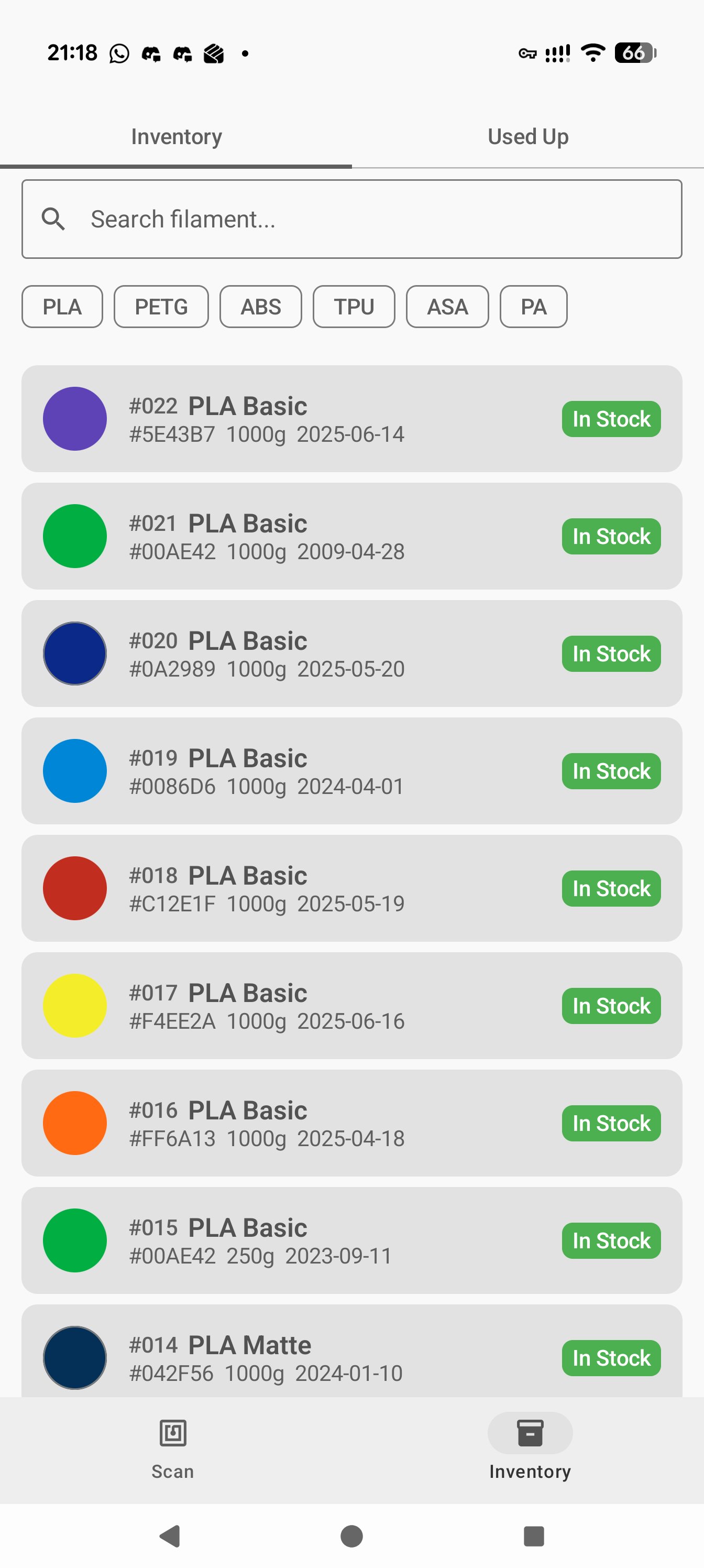 Android app showing the filament inventory list